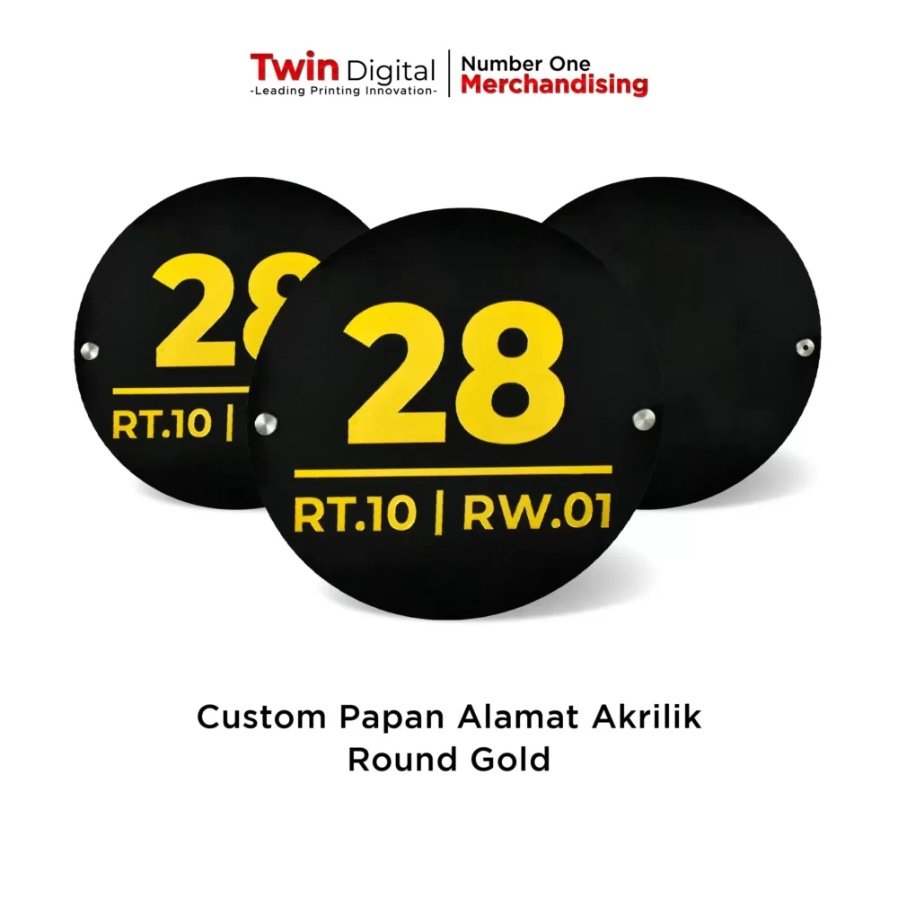 Papan Alamat Akrilik Custom Round Gold